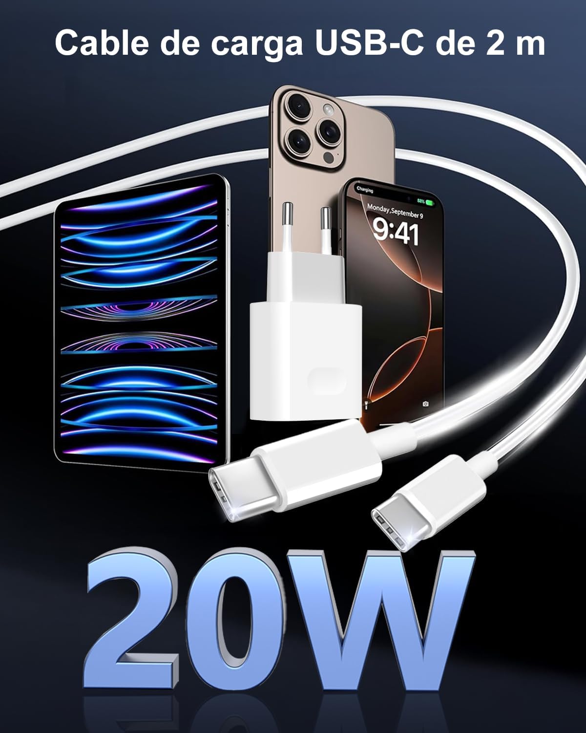 cargador USB-C para iphone con cable de 2 METROS