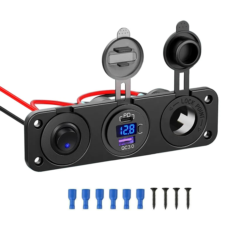 PANEL CARAGADOR 3 EN 1 USB+USB-C TOMA 12V