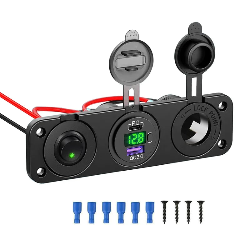PANEL CARAGADOR 3 EN 1 USB+USB-C TOMA 12V