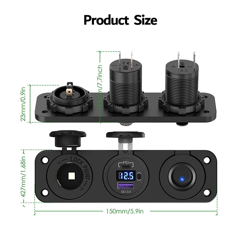 PANEL CARAGADOR 3 EN 1 USB+USB-C TOMA 12V