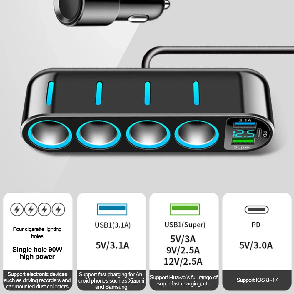 ADAPTADOR CARGADOR DE AUTO 7 EN 1 CON PANTALLA LED