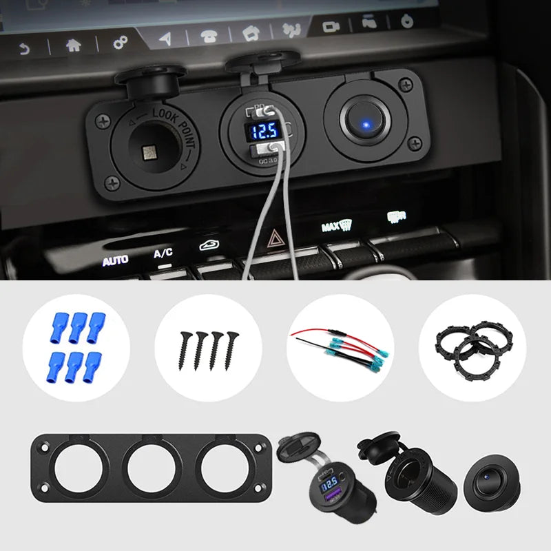 PANEL CARAGADOR 3 EN 1 USB+USB-C TOMA 12V