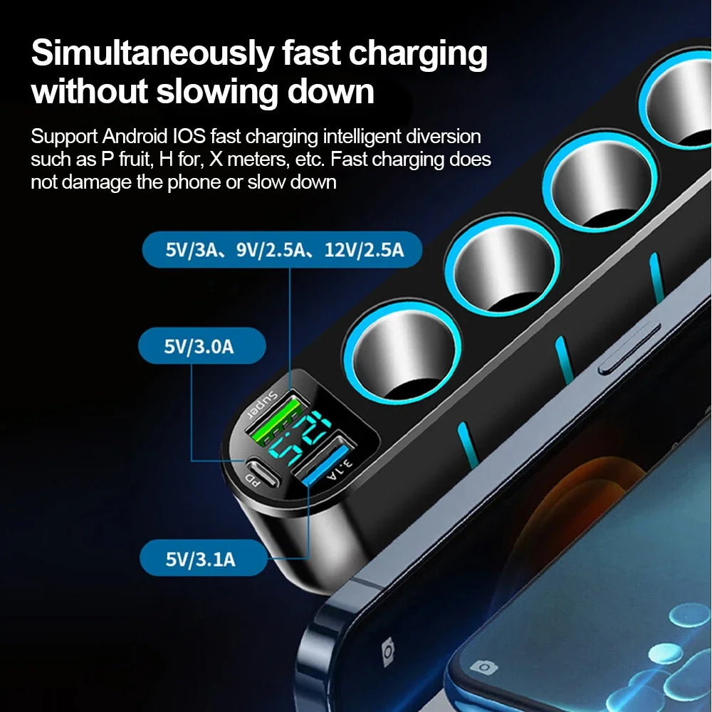 ADAPTADOR CARGADOR DE AUTO 7 EN 1 CON PANTALLA LED