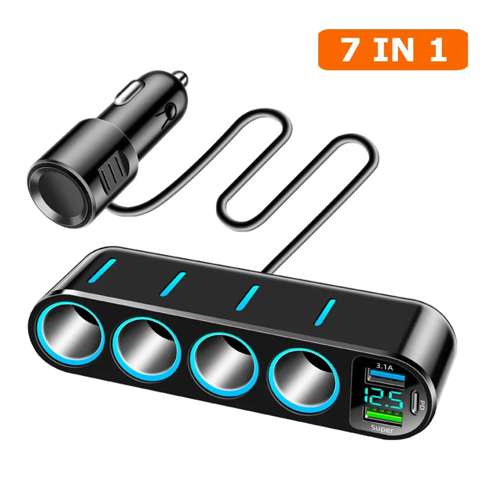 ADAPTADOR CARGADOR DE AUTO 7 EN 1 CON PANTALLA LED